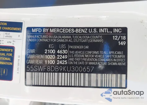 2019 Mercedes-Benz C 300 from USA, damaged, VIN 55SWF8DB9KU300657